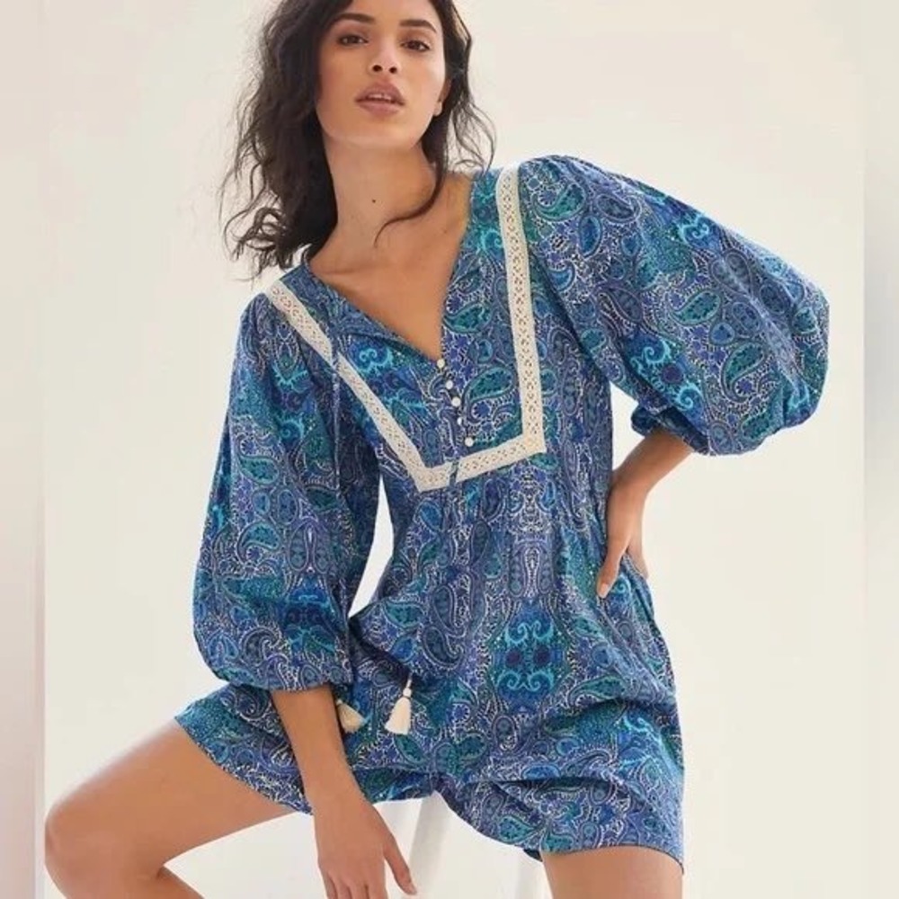 Anthropologie Lissa Playsuit Paisley Romper dress Balloon Sleeve outfit small‎